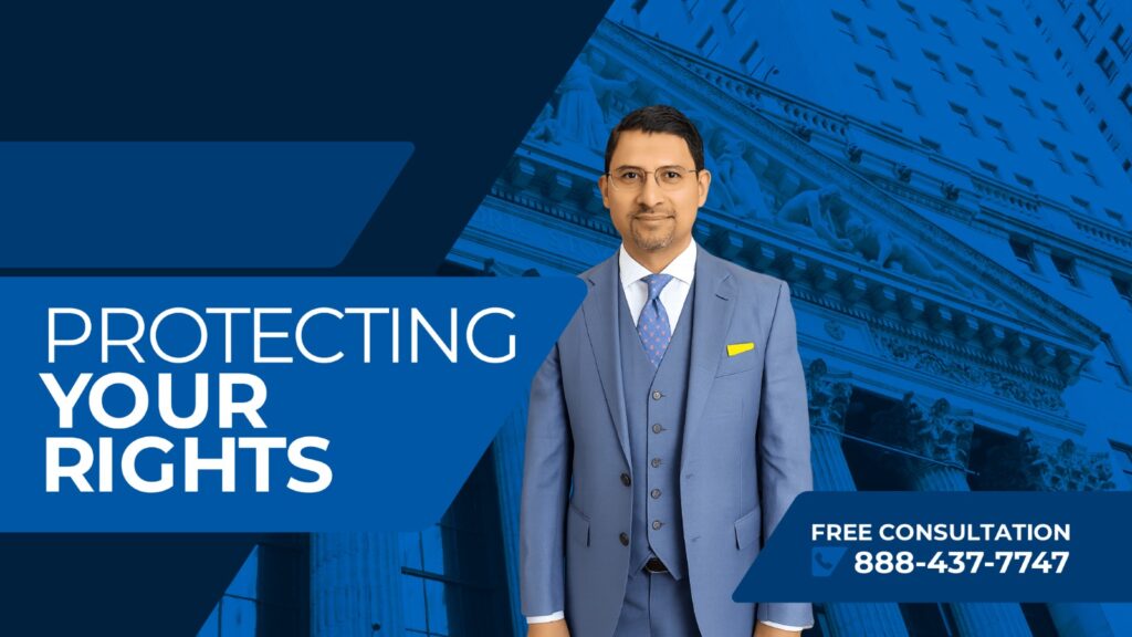 Promotional banner for legal services showing a man in a blue suit in front of a courthouse with the text 'Protecting Your Rights' and a 'Free Consultation 888-437-7747' contact panel.
