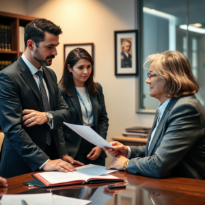 Senior woman in a gray suit hands a document to two colleagues at a conference table in a professional office.