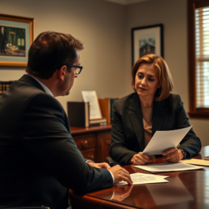 Two professionals in a formal office review documents at a polished wooden desk.