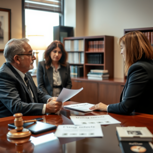 Three professionals in a law office discuss papers at a polished wooden table; gavel and books visible.